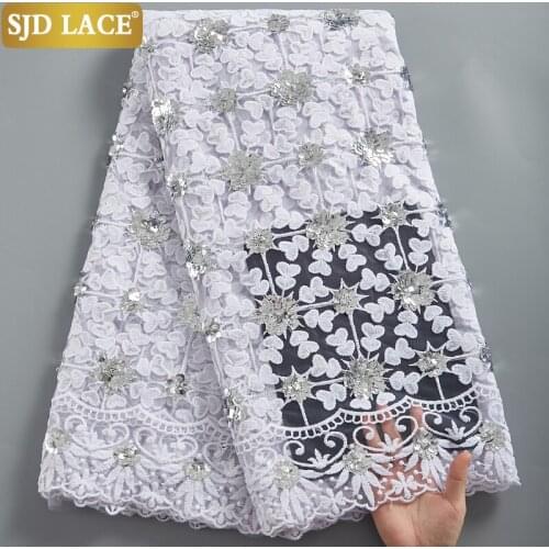 SJD LACE Pure White French Lace Fabric Handmade Sequins African Lace Fabric Embroidery Soft Milk Silk Tulle For Wedding SewA2412