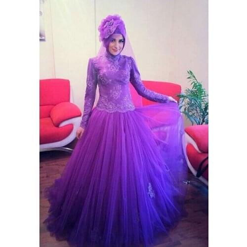 Style Purple Lace Long Sleeves Muslim Arab Bridal Gowns From Turkey 2018 beaded Colored ball gown Mother of the Bride Dresses