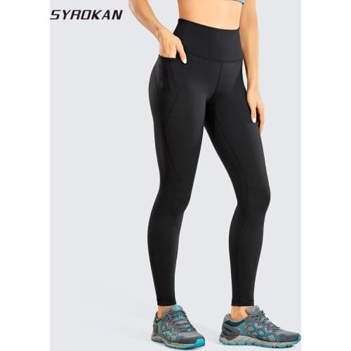 SYROKAN Womens Light Fleece Leggings Brushed High Waisted Workout Tights Running Yoga Pants with Pocket -28 inches
