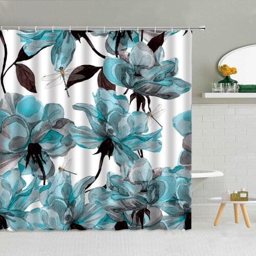 Blue Flower Dragonfly Water Color Shower Curtain Summer Insect Plant Leaves Bathroom Decor Waterproof Fabric Hooks Curtains Set