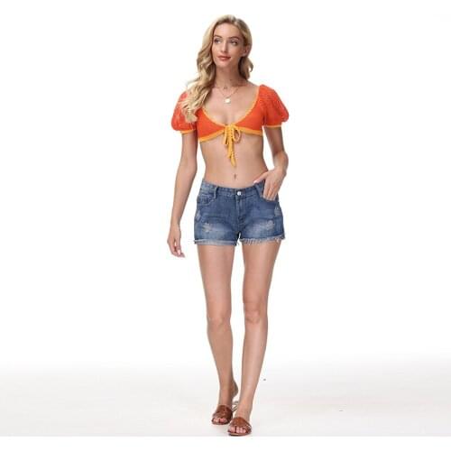 Orange Red Color Lace Up Bow tie Sexy Short Blouse Women Summer 2021 Casual Puff Sleeve Crocheted femme Crop Tops Presell
