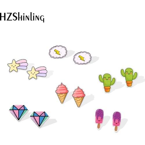 2019 New Rainbow Star Acrylic Earring Cloud Resin Earring Cute Things Cactus Epoxy Stud Earrings