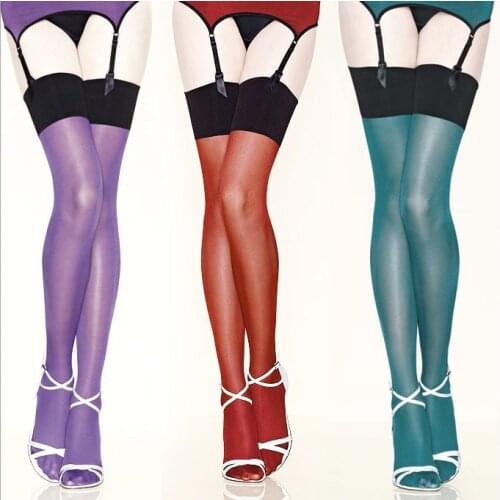 30d Women Contrast Thigh High Stockings multicolor Sheer Stay Up Vintage long shiny Glossy Over Knee oil flashing Leggings