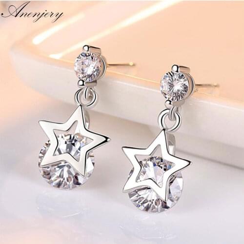 ANENJERY 925 Sterling Silver Shiny Zircon Star Tassel Earrings For Women Gift Oorbellen Brincos S-E302