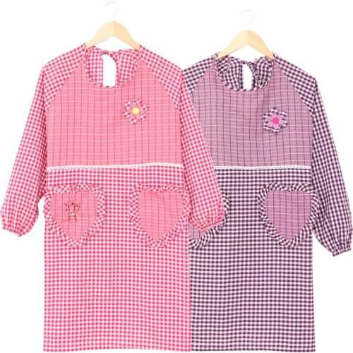 Korean fashion pure cotton womens long-sleeved adult cute overalls kitchen cooking reverse dressing apron