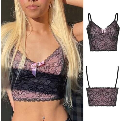 Lace Goth Cami Top Women Dark Vintage Kawaii Clothes Lace V Neck Sexy Bow Cute Crop Tops