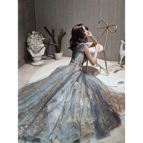 Women Sexy V-Neck Evening Party Dress Exquisite Appliques Chinese Dress Blue Qipao Cheongsam Maxi Dress Robe De Soiree