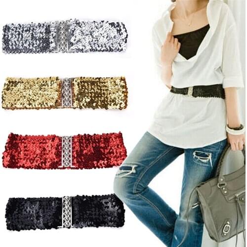 1pc Free Size Shinny Wide Stretch Belt Women Cummerbund High Fashion Metallic Sequin Women Dress Belts /Black