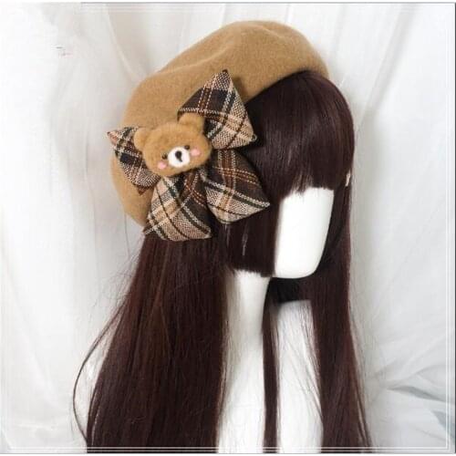 Lolita Cute Bear Bowknot Beret Handmade Beret Mori Girl Vintage Painter Hat Pumpkin Cap Flat Cap B1486