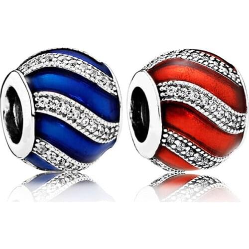 925 Sterling Silver Adornment, Translucent Blue Red Enamel & Clear Cz Charms Bead Fit Pan Bracelet Jewelry