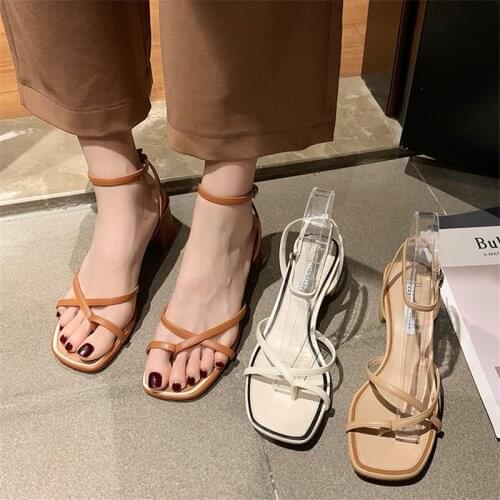 All-Match Beige Heeled Sandals Clear Shoes Buckle Strap 2021 Womens Cross-Shoes Med Black Gladiator Block New Girls Fashion Hig