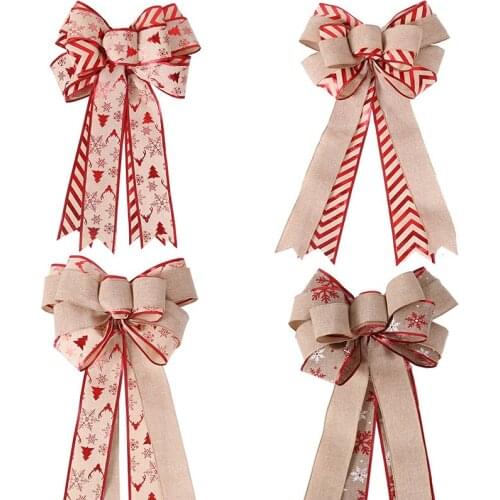 46*28cm Double Layer Linen Bow Christmas Bow-knot Christmas Tree Decorations Maple Leaf Striped Snowflake Khaki Bow Decor