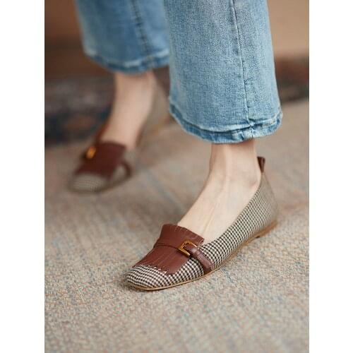 EshtonShero Shoes Women Leather Flock Female Flats Spring Shoes Classic Womens Loafers Casual Leather Shoes Round Toe Flats