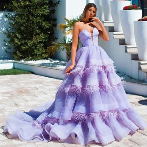 Purple Feather Prom Dresses Sweetheart Tule Tiered Skirts Rochii De Ocazie Evening Party Wear Plus Size