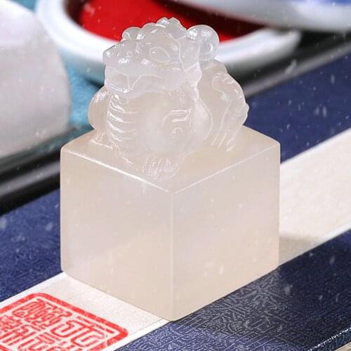 Chinese Style Brave Troops Kirin Custom Name Stamp With Storage Bag Inkpad White Color Natural Stone Personal Seal