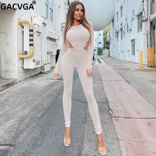 GACVGA Double Layer Women Thin Bodycon Jumpsuits Summer White Long Sleeves Ladies Slim Rompers Hollow Out Party Clubwear Outfits