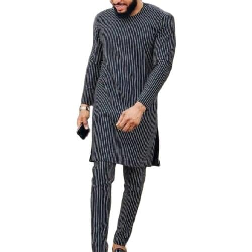 African Fashion Black And White Stripes Denim Mens Pant Sets O-neck Top Patch Trouser Soft Fabric Male Outfits