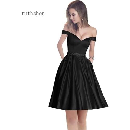 Short prom dresses Off-the-shoulder beaded satin evening dress prom dress with pocket