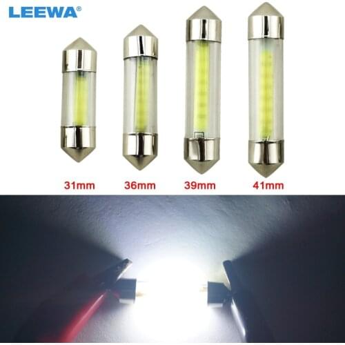 LEEWA 50pcs White Car Interior Glass Lens Case C5W Festoon Dome COB 12 Chips LED Light 31/36/39/41mm Reading Light DC12V #CA2720