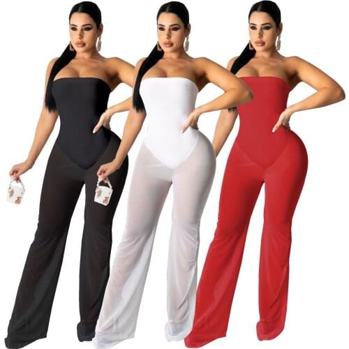 Hot Design Strapless Solid Summer Mesh Jumpsuits Women Outfits