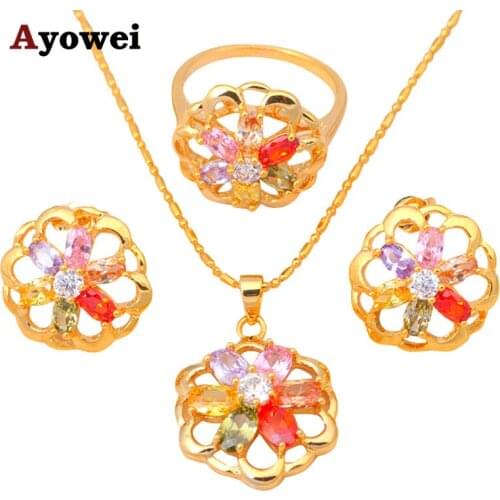Gold tone Earring Necklaces Rings Jewelry Set Zircon Color Crystal Nickel & Lead free Sz #6.75 #7.75 #8 #9 #7 JS078A