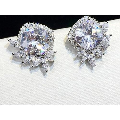 New Recommendation Classic White Gold Flower Lady Square Zircon Earrings European and American Jewelry