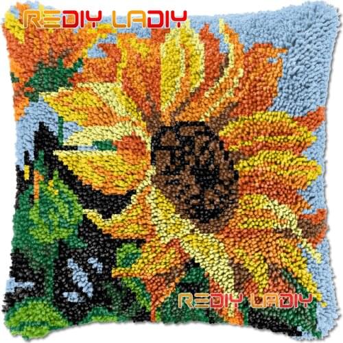 Latch Hook Cushion Sunflowers DIY Needlepoint Kits Chunky Acrylic Yarn Arts Crocheting Lofty Pillow Case Hobby & Crafts