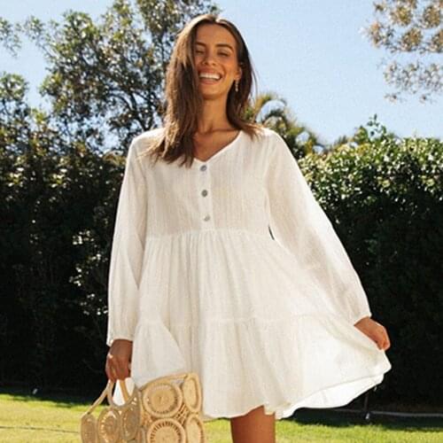 Ardm Casual Loose White Women Dress Spring 2021 New V Neck With Button Oversize Vintage Mini Dress Female Party Dress Veatido