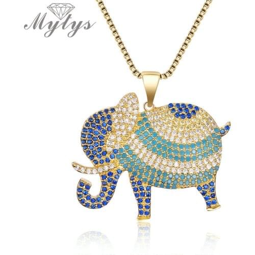 Mytys Romantic Fashion Ethnic Elephant Pendant Necklace Statement Animal Pattern Colorful Pave Crystal Vacation Jewelry CN351