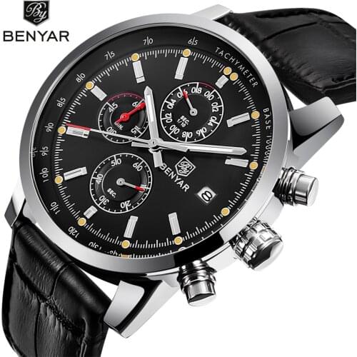 BENYAR New Fashion Chronograph Genuine Leather Sport Mens Watches Top Brand Luxury Military Quartz Watch Clock Relogio Masculino
