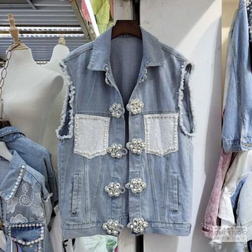 Spring Korean Lace Pearl Pocket Short Denim Vest Women Student Waistcoat Casual Sleeveless Jacket Loose Frayed Jeans Vest Female