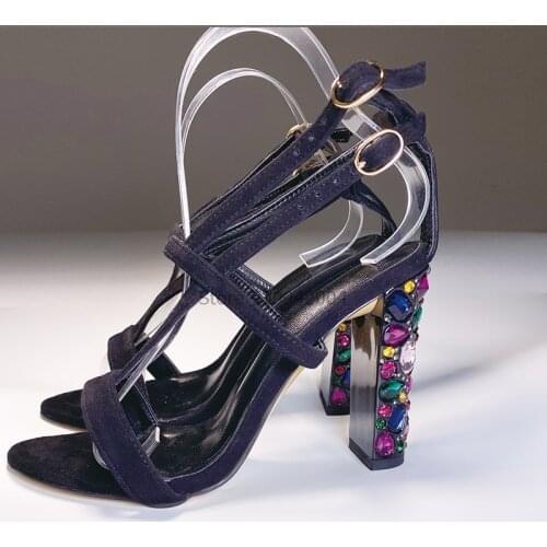 Ankle Strap Sandals Women High Black Gladiator Diamond Chunky Heel Luxury Rhinestone Wedding Shoes Woman 10CM Drosphip