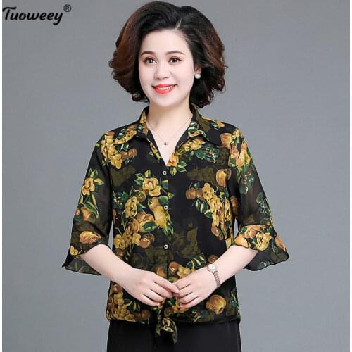Women Office Bottom Vintage Floral Print TopS Elegant plus size mom Shirt O Neck Chiffon Blouse Autumn Spring Korea Shirts Blusa