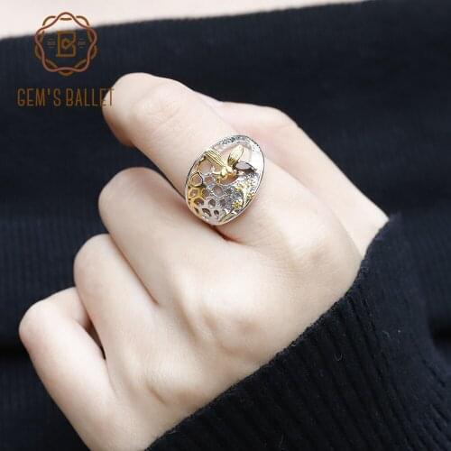 GEMS BALLET 0.21Ct Natural Smoky Quartz Golden Honeycomb Ring 925 Sterling Silver Handmade Ring For Women Fine Jewelry