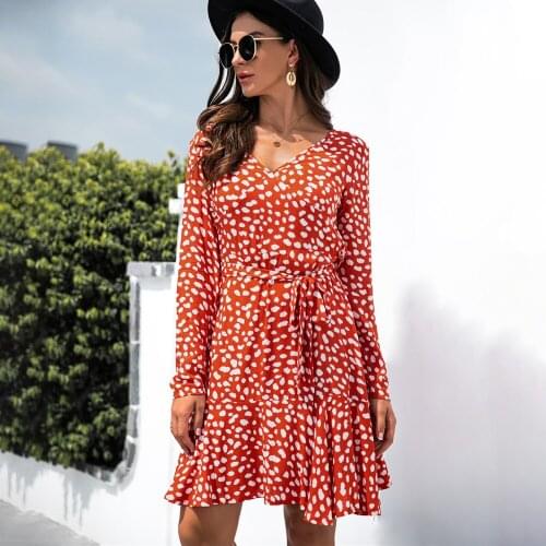 Ladies Elegant Ruffles Polka Dot A-line Dress Woman 2021 Autumn Casual Long Sleeve V Neck Print Party Dresses For Women Vestidos