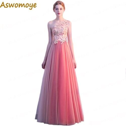 Aswomoye Elegant Beading Crystal Evening Dress Long 2018 Appliques Flower A-Line Prom Dress One Shoulder Pink robe de soiree