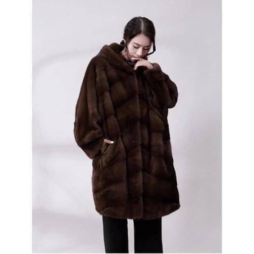 Winter new ladies imported real mink fur coat mink overcoat female loose bat cuff hooded fur outerwear