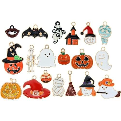 10Pcs Halloween Charms Funny Spray Paint Pumpkin Vampire Hat Ghost Enamel Charms Pendants Jewelry DIY Accessory Making Finding