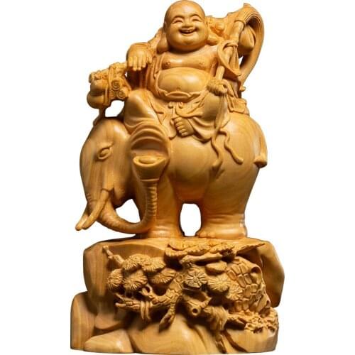 14CM Smile Maitreya Riding Elephant Small Wood Statue Home Decorations Collection Laughing Buddha Statue Gifts Buddha Figures