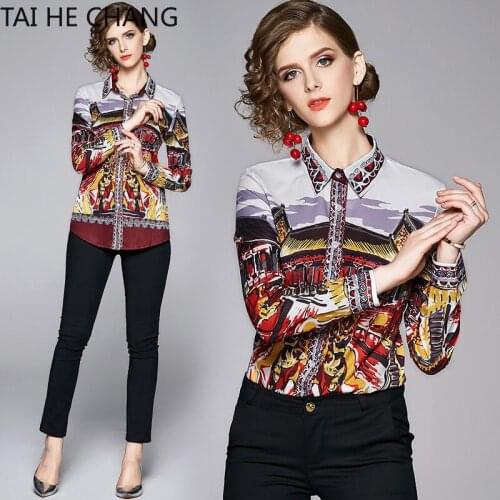 2019 New Tops Summer Fashion Retro Casual Shirt Long Sleeve Print Vintage Work Office Blouses Shirts Women