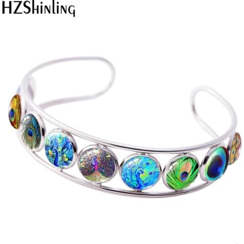 2021 New Peacock Feathers Pattern Cuff Bracelet Tropical Art Bracelets Round Glass Dome Art Photo Jewelry Handmade