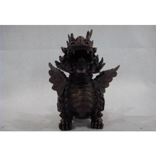 Fast shipping USPS to USA S0917 Chinese classical pure red bronze copper Lucky wing Dragon Foo Dog kylin Statue