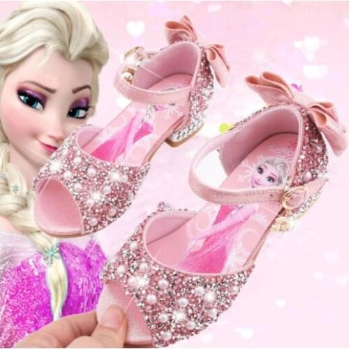 Kids Leather Sandals for Girls Frozen Princess Bow Shoes Glitter Children High Heel Girls Elsa Sandals Butterfly Knot