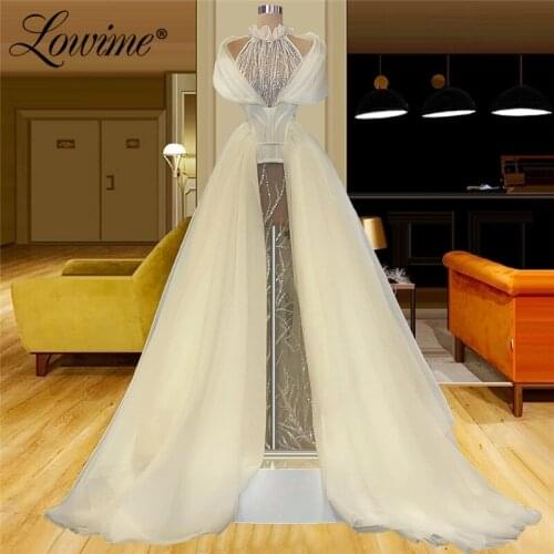Lowime Long Illusion Sequins Prom Dresses A Line Ivory Arabic Party Gowns 2021 Custom Made Plus Size Dubai Arabic Evening Dress