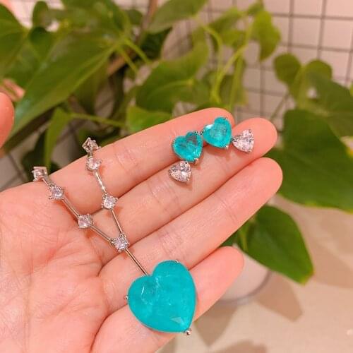 EYIKA Gorgeous Paraiba Tourmaline Blue Green Emerald Heart Stud Earrings Pendant Necklace Women Bridal Wedding Party Jewelry Set