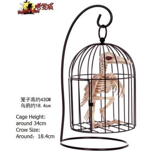 Good Quality simulation animal crow skeleton mode with Cage for Halloween party Bar decor handholding bird skeleton model