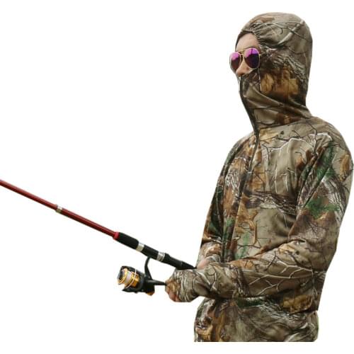Summer Male Hunting Fishing Hiking Sunscreen Hooded T-Shirts Long Sleeve Ultra-Thin Quick-Drying Bionic Camouflage T-Shirt Tops