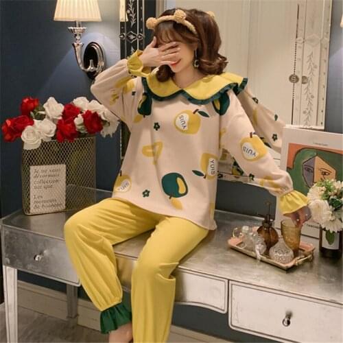 Pajamas female long-sleeved cute cartoon doll collar loose large size home service suit can be worn outside pijamas women