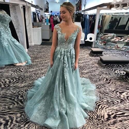 Sevintage A Line Sheer Scoop Tulle Prom Dresses Appliques Lace Evening Gowns Transparent Back Sweep Train Formal Women Dress2020