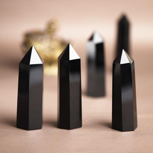 WT-G290 Natural black obsidian stone hexagonal prism single tip energy column decoration 6-9cm wholesale 10PCS/lot